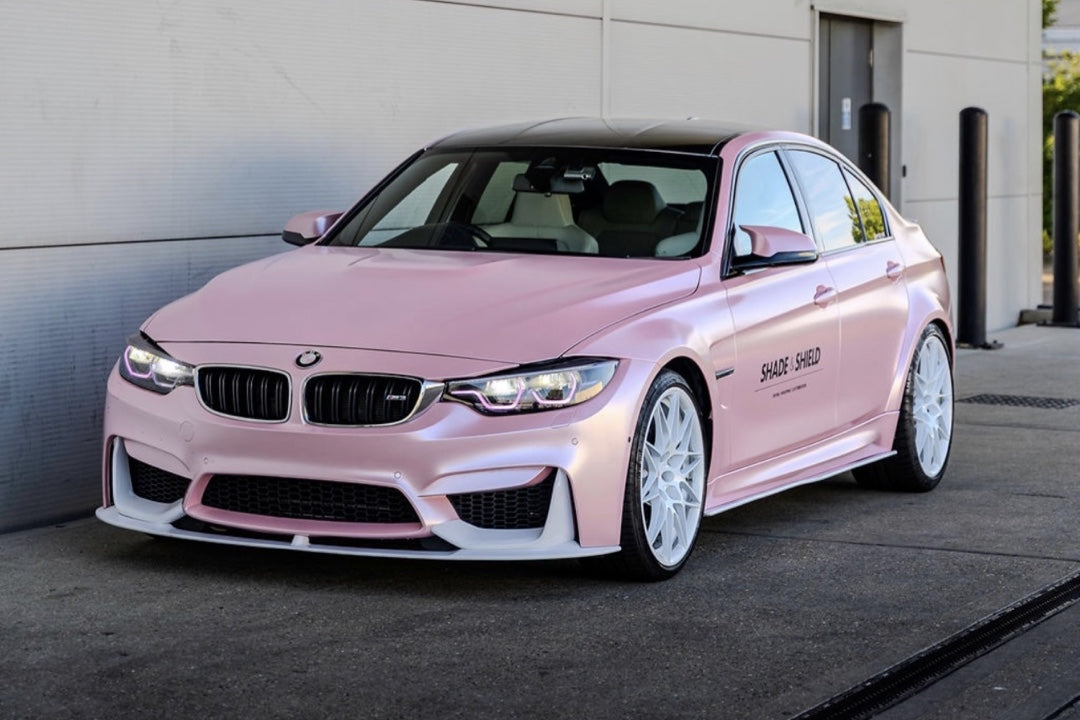 Satin chrome blossom pink vinyl wrap finish example.