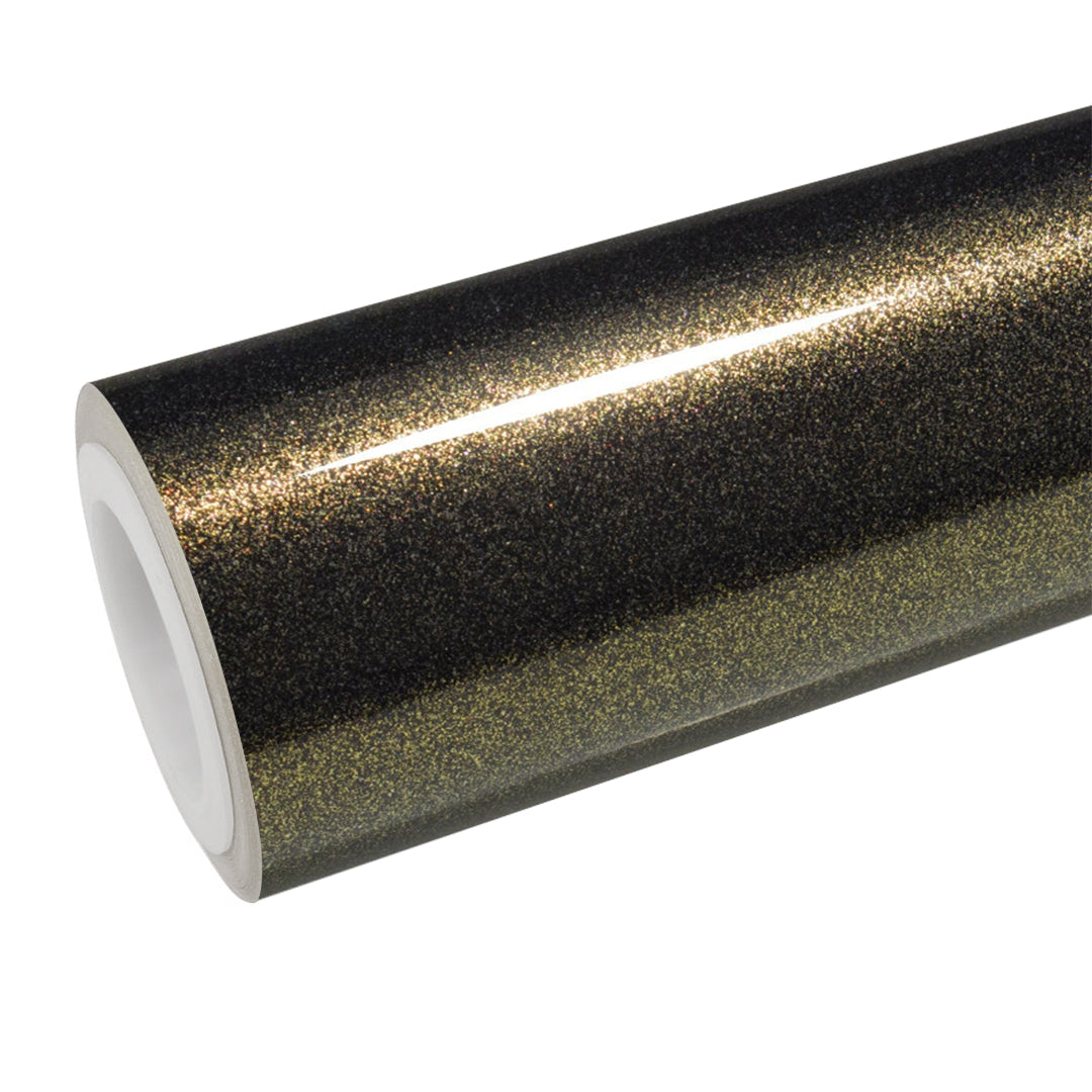 Galaxy Dust Gloss Black Gold Vinyl Wrap roll and finish view
