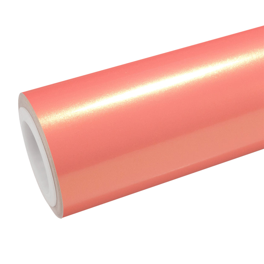 Gloss Coral Orange Vinyl Wrap roll and finish view