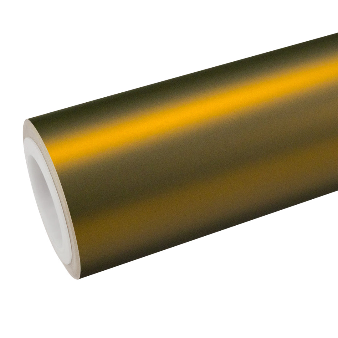 Satin Chrome Bond Gold Vinyl Wrap roll and finish view