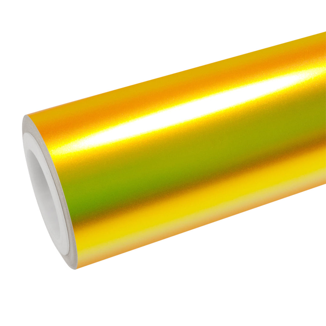 Satin Chrome Gold Green Vinyl Wrap roll and finish view