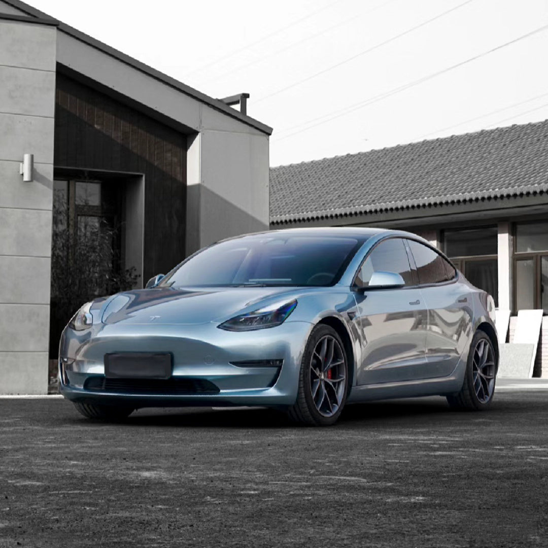 Tesla Model 3|Glossy Metallic Light Steel Blue Vinyl Wrap|Eowrap