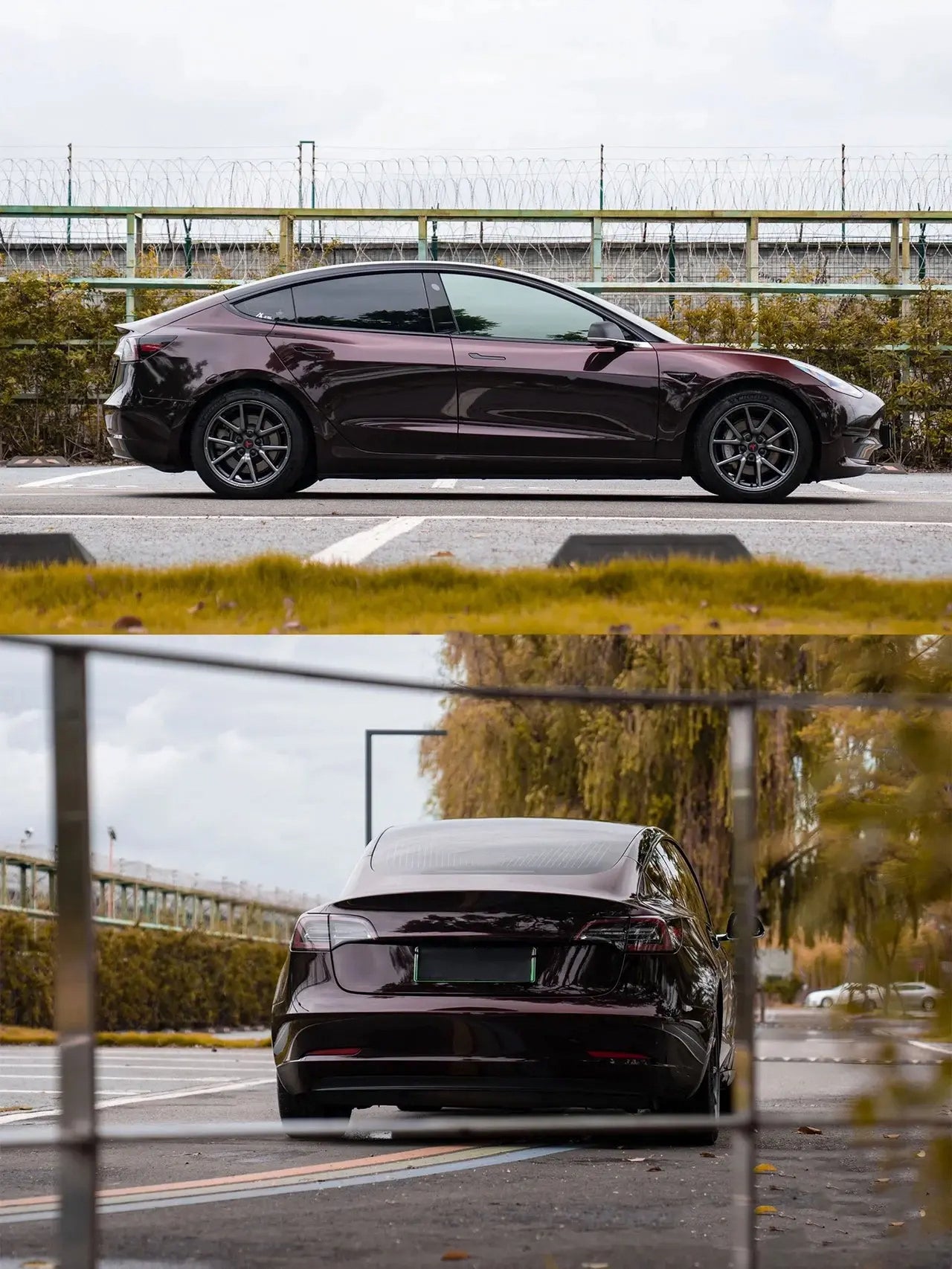 Tesla Model 3|Glossy Metallic Wine Red Vinyl Wrap|Eowrap