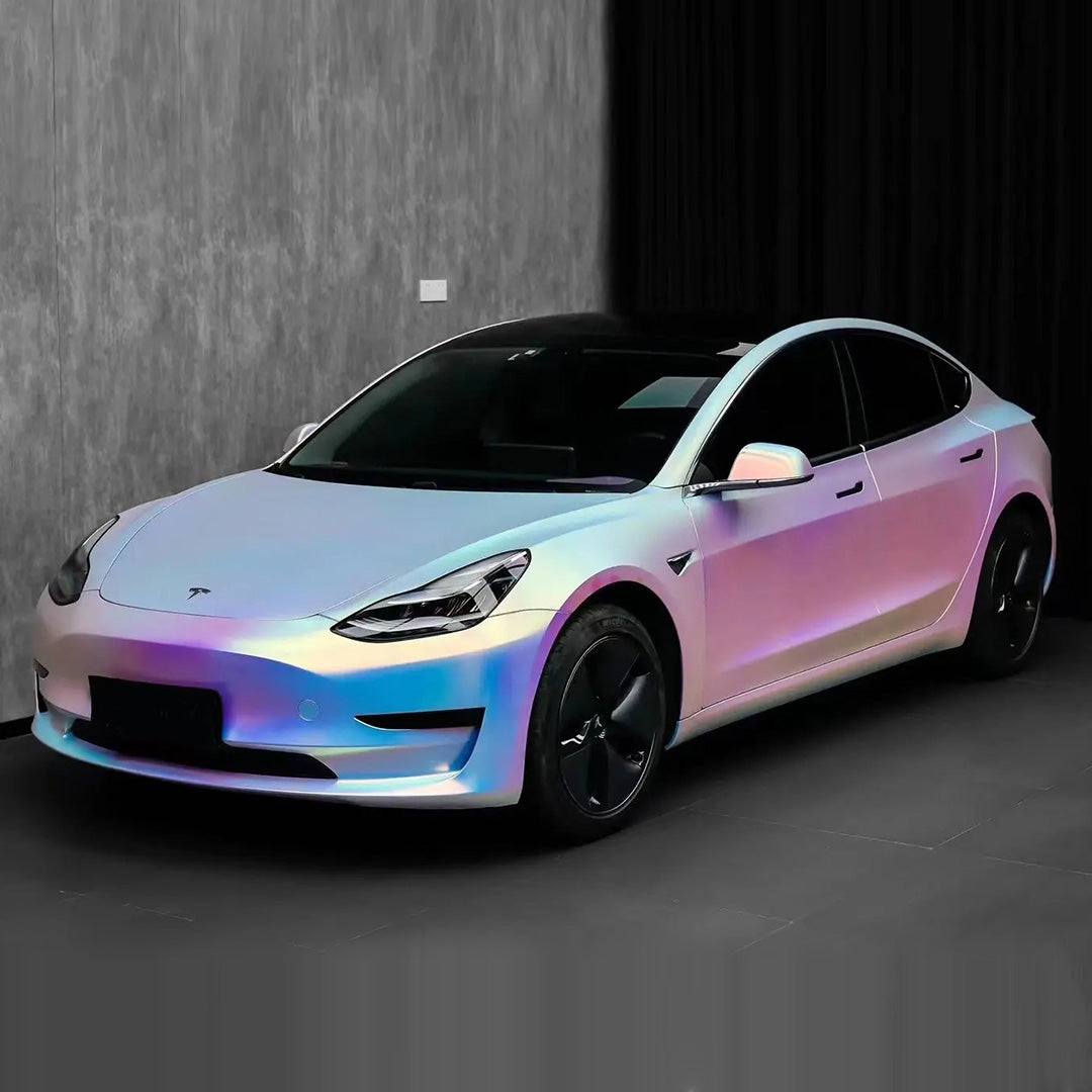 Tesla Model 3|Matte Rainbow Chrome White Vinyl Wrap|Eowrap